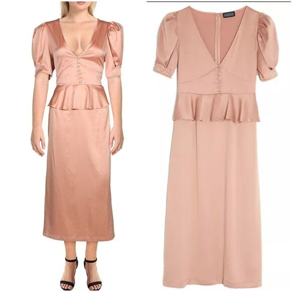 Danielle Bernstein Solid Puff-Sleeve Midi Dress - Picture 1 of 10